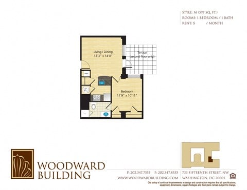 Floor plan for 1 bed, 1 bath, 597 sqft